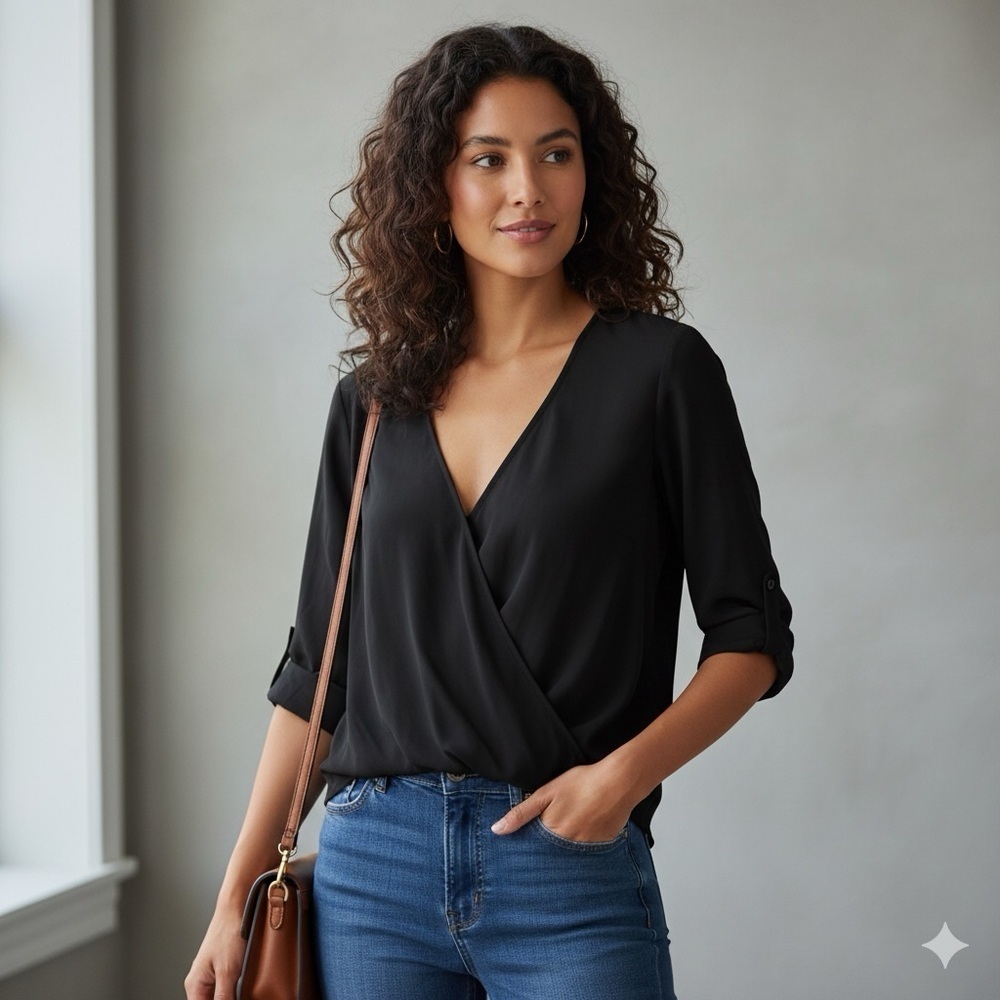 NWOT Lush Sheer Black 3/4 Sleeve High-Low Wrap Style Blouse Size Medium